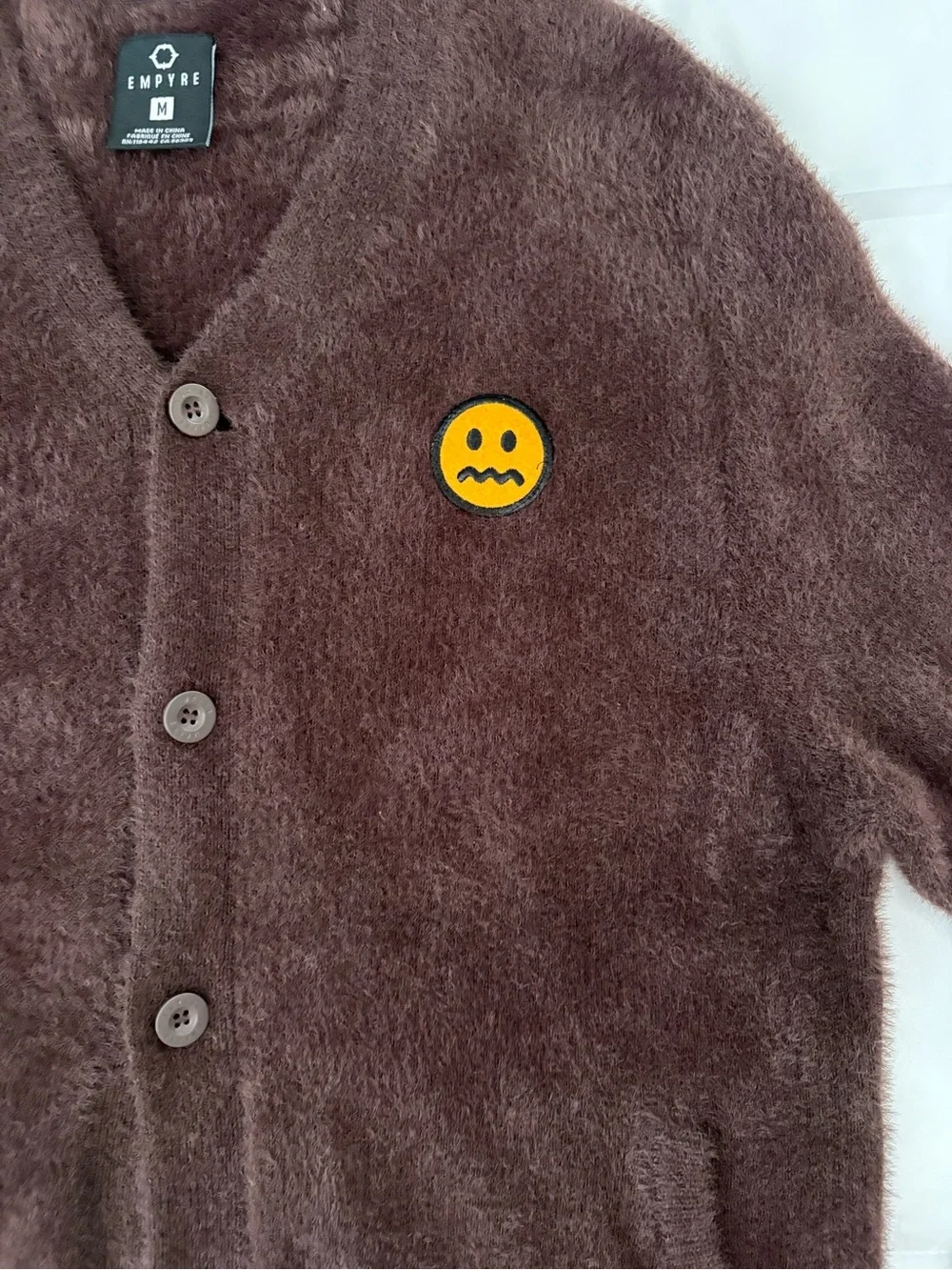 EMPYRE Frizzle Brown Cardigan w / Frown Face Emoji Patch Men’s Medium Fuzzy